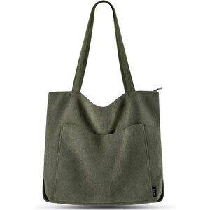 Women Dark Green Corduroy Shoulder Tote Shopping Bag with Zipper and Pockets